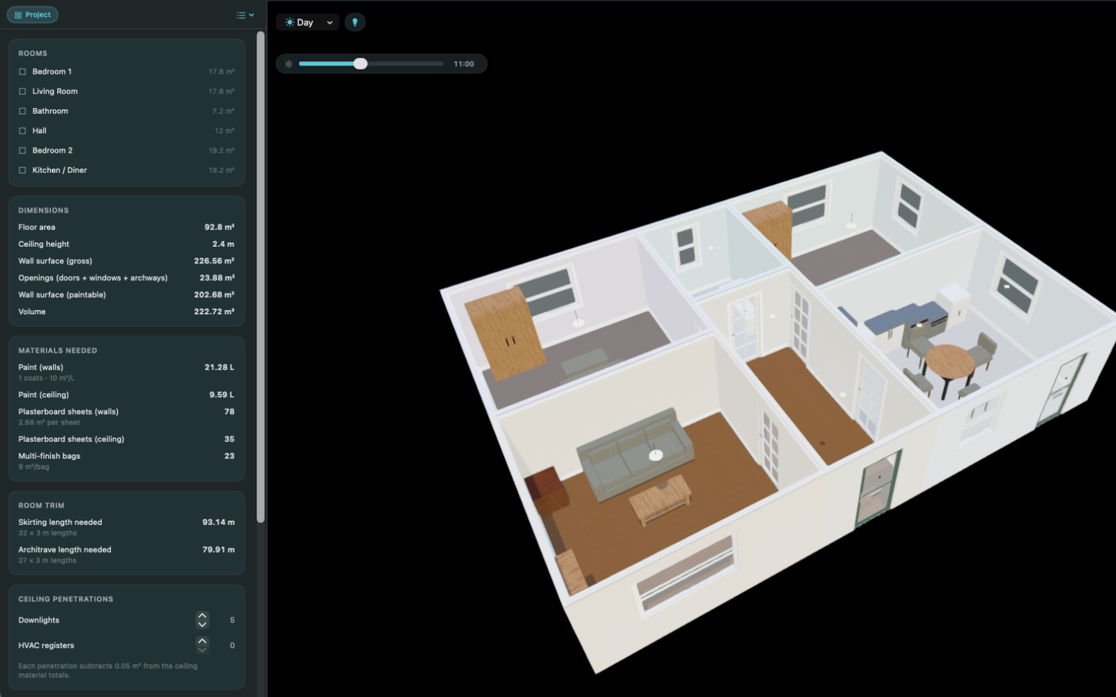 A floor plan shown in 3D in Kaleidoscope Plan